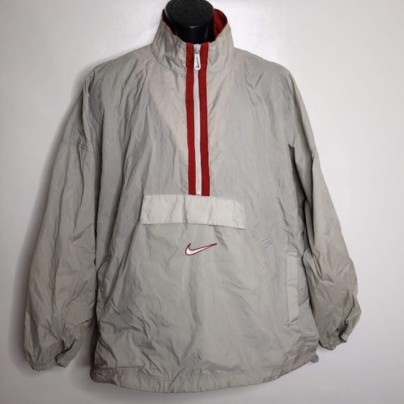 Nike Men's Windbreaker Jacket XL Gray Red Swoosh Nylon Half Zip White Label - Picture 11 of 11